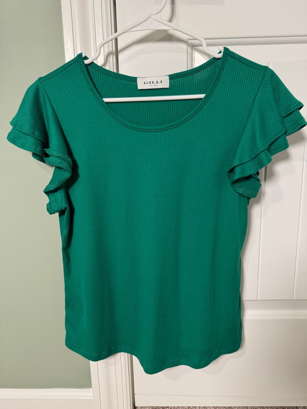 Gilli Women's Teal Green Ruffle Sleeve Ribbed Tee